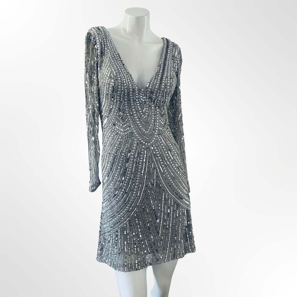 Lara 29615 Long-Sleeve Beaded Cocktail Dress in Silver - Picture 2 of 9